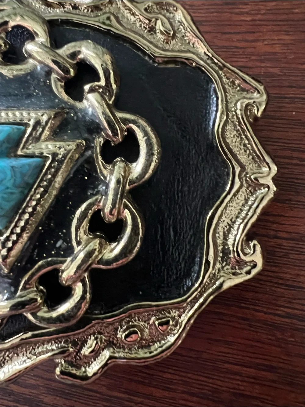 Vintage Southwestern Turquoise Inlay Belt Buckle Gold Tone - Western USA